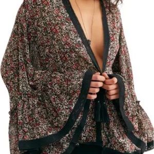 Free People Lola Floral Kimono Sheer M Black